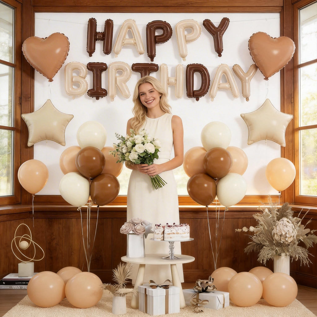 29PC Cream Brown Happy Birthday Balloon Banner, 16Inch 3D Aluminum Letter Banner Sign, Brown Apricot Dusty Ivory White Balloon 18 Inch Star Heart Foil Balloon for Women, Men Party Supply