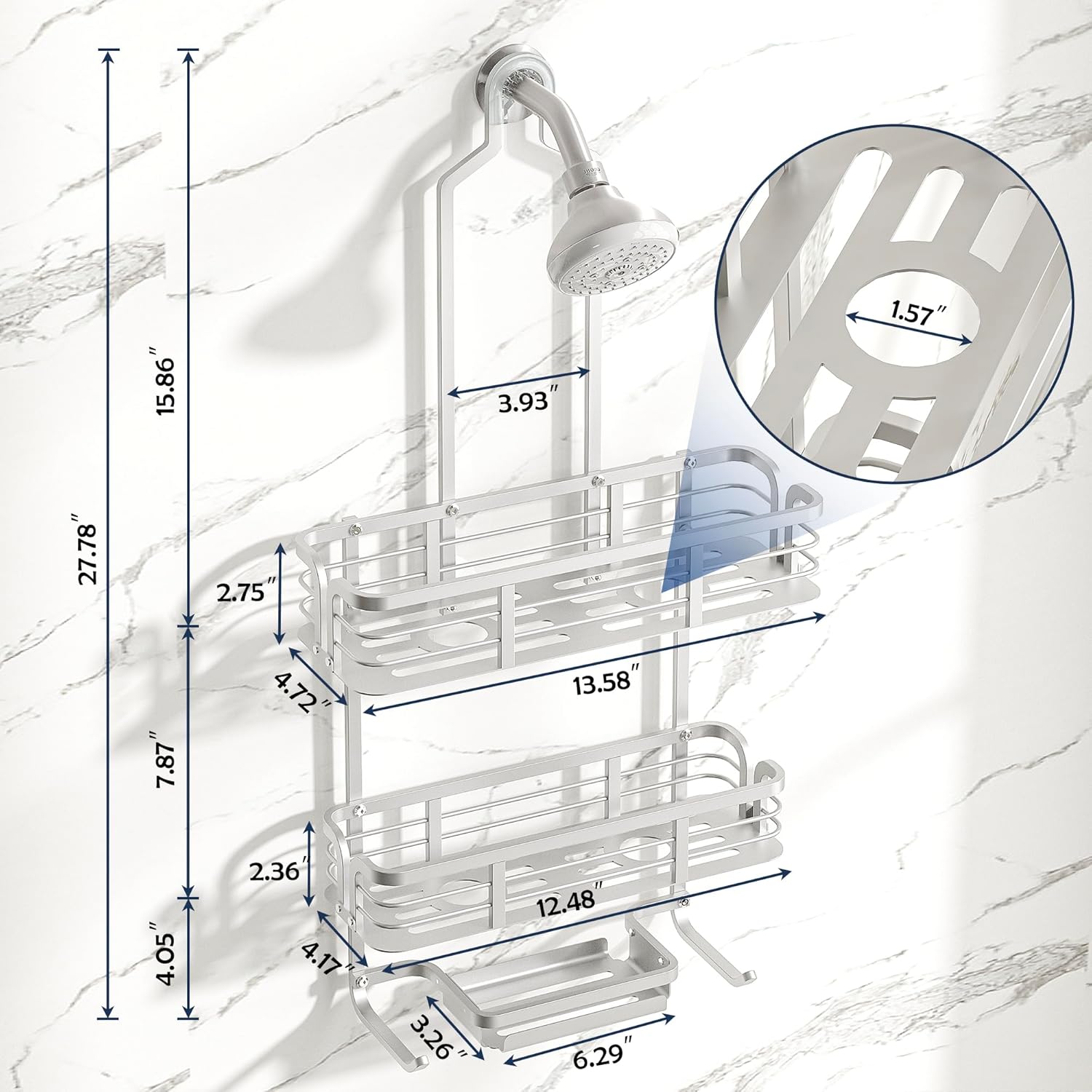 Never Rust Aluminum Shower Caddy by [Brand Name] - Over Showerhead Organizer with Hooks & Soap Holder | Silver