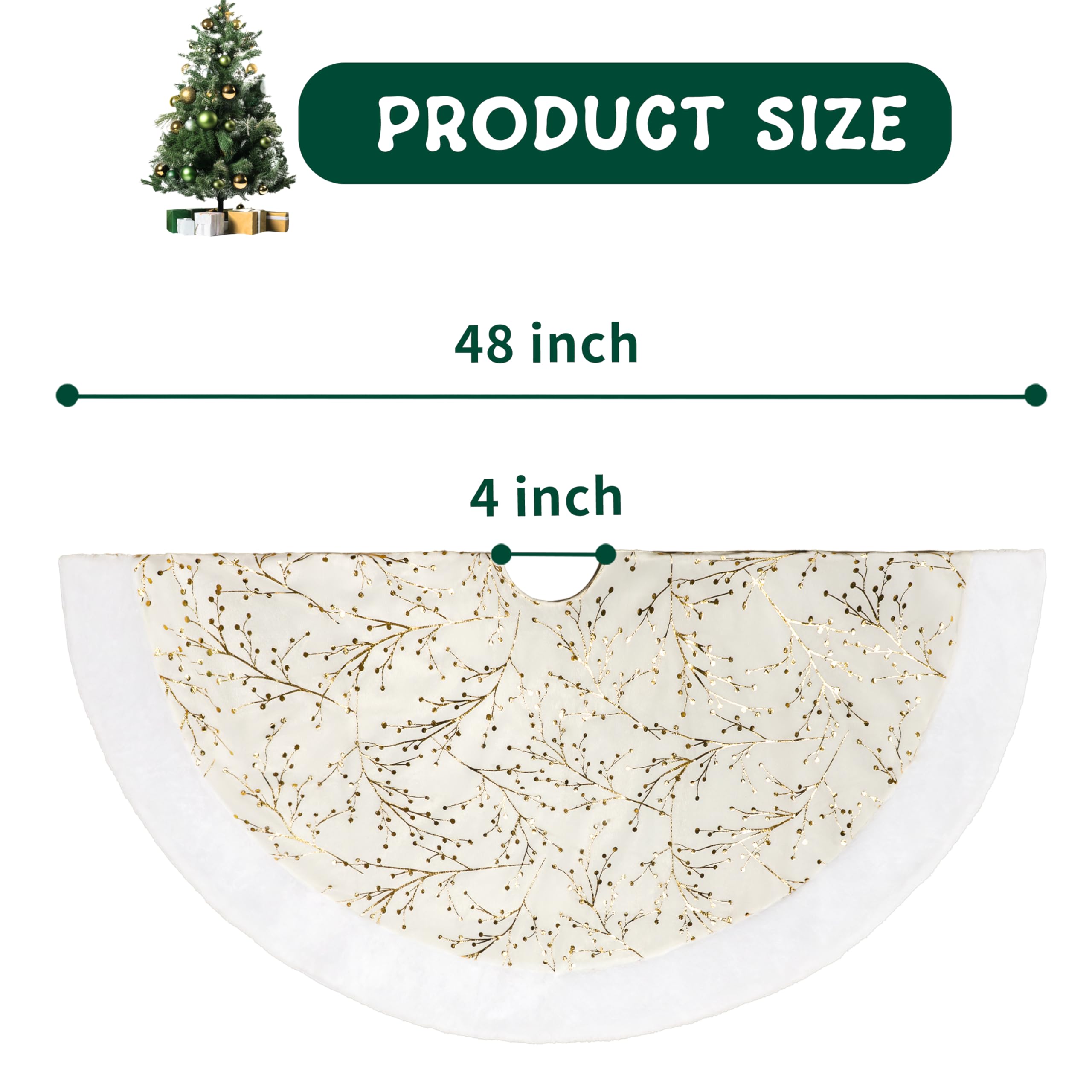SYITCUN Christmas Tree Skirt, 48inch White and Gold Tree Skirt, Faux Fur Xmas Tree Skirt for 4 5 6 7 8 9 Ft Christmas Trees, Thicker Plush Christmas Tree Decorations