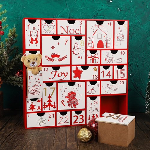 Juegoal Red Advent Calendar - 11.8 Inch Wooden Christmas Countdown with 25 Large Drawers | Hand-Painted Holiday Decor