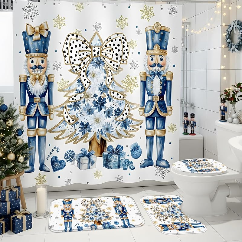 Nutcracker Christmas Shower Curtain Set 4 Pcs with Non-Slip Rugs & Lid Cover - Blue & Gold Snowflake Design (Variation: Blue Nutcracker+72W x 72L)