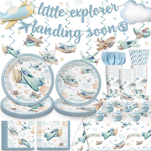 185 Pcs Airplane Baby Shower Decorations Tableware Set Serves 25, Baby Boy Shower Decorations Include Banner, Plates, Tablecloth and Cupcake Toppers, Suitable for Airplane Party