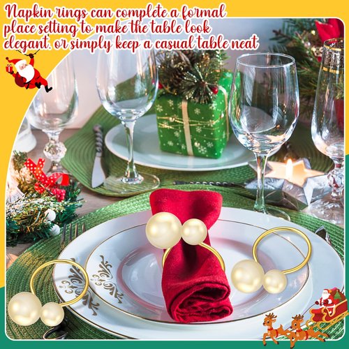 Sliner 100 Pcs Pearl Napkin Rings, Gold Table Napkin Holder Buckles for Dinning Table Setting Christmas Wedding Party Supplies