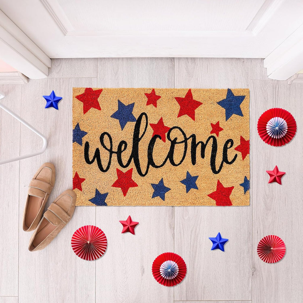 Whaline Patriotic Coir Door Mat - Non-Slip 4th of July Welcome Mat | Red & Blue Star Design, 16.5 x 29 Inch