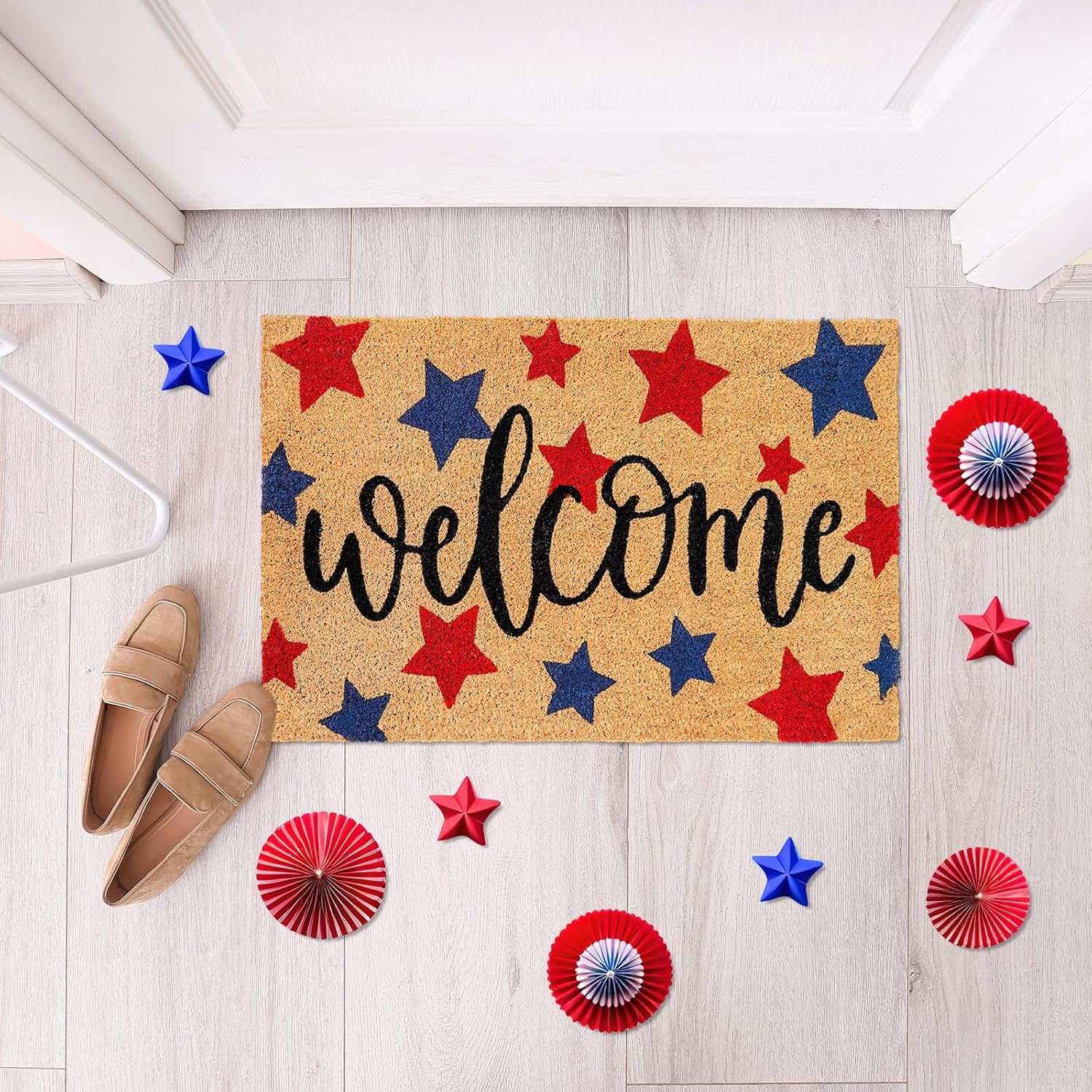 Whaline Patriotic Coir Door Mat - Non-Slip 4th of July Welcome Mat | Red & Blue Star Design, 16.5 x 29 Inch