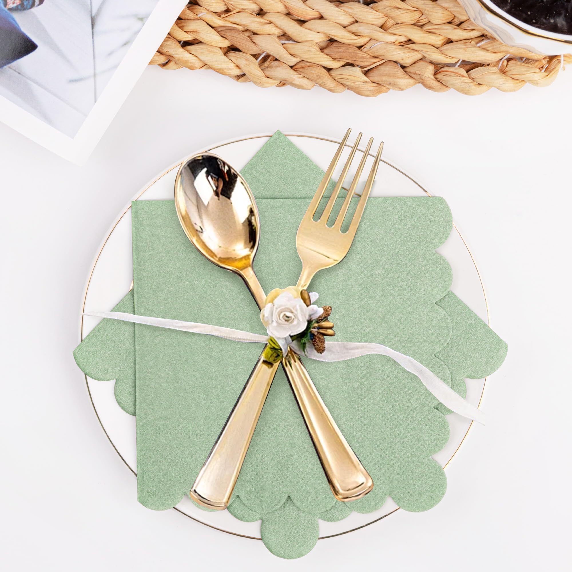 100 Pcs Sage Green Napkins Scalloped Edged Dessert Cocktail Napkins Folded 5 x 5 Inches Disposable Napkins for Dinner Wedding Birthday Party