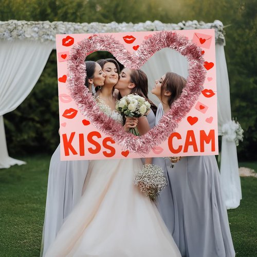 Soulchen 32 x 25 Inch Valentine's Day Photo Backdrop Booth Props Set Galentines Photo Backdrop Conversation Hearts Frame Decor with Pink Tassel Garland and Curtains Wedding Party Decoration