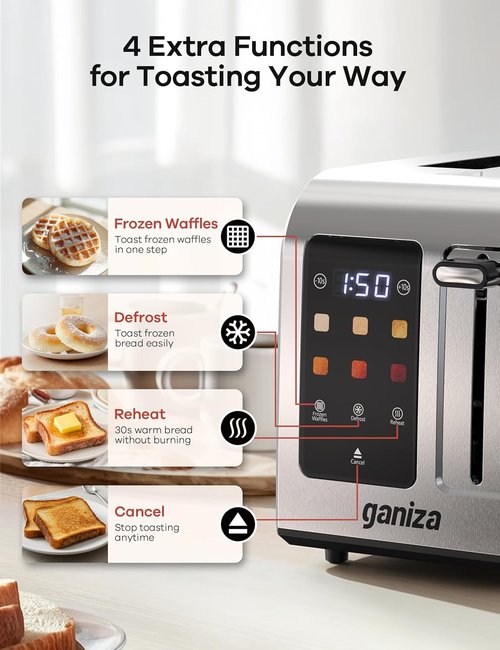 Ganiza Smart Toaster - 2 Slice Touchscreen Design with Digital Countdown Timer | Stainless Steel Finish