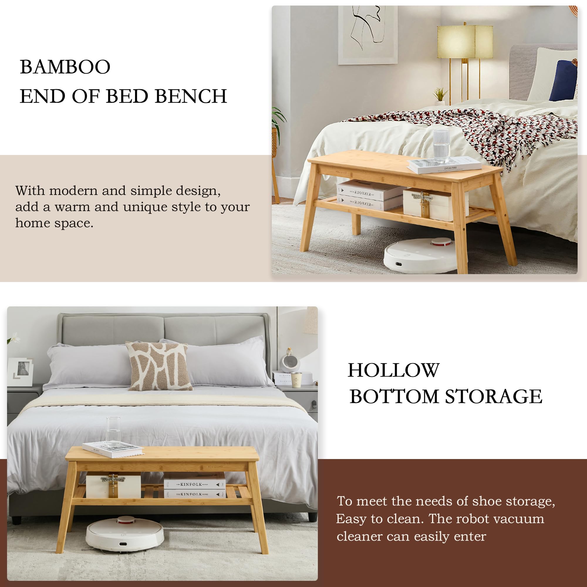 Nnewvante Bamboo Entryway Bench, 33.46" Indoor Storage Bench, Small Wood Benches for Living Room, Bedroom, Dining Room, Hallway, Outdoor Wooden Bench, Holds up to 300lbs