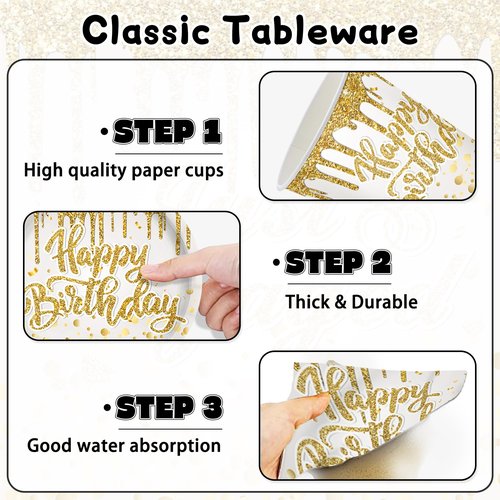 140Pcs Golden Happy Birthday Party Decorations White Gold Paper Plates Napkins Cups Tableware Set Women Men Birthday Themed Party Decor for 20 Guests
