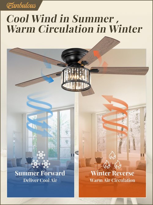 56 Inch Farmhouse Chandelier Ceiling Fan with Remote Control, Black Indoor Crystal Ceiling Fan with 6-Speeds, Quiet Reversible DC Motor, Flush Mount Ceiling Fans with Lights for Bedroom, Living Room