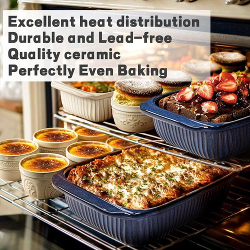 Artena Baking Dish - 5.1 Quart Casserole Dish With Handles - Deep Rectangular White Ceramic Bakeware, Blue