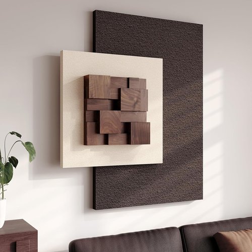 3D Wood Textured Wall Art - Modern Beige & Brown Abstract Geometric Design | Large Minimalist Decor for Living Room, Bedroom, Office