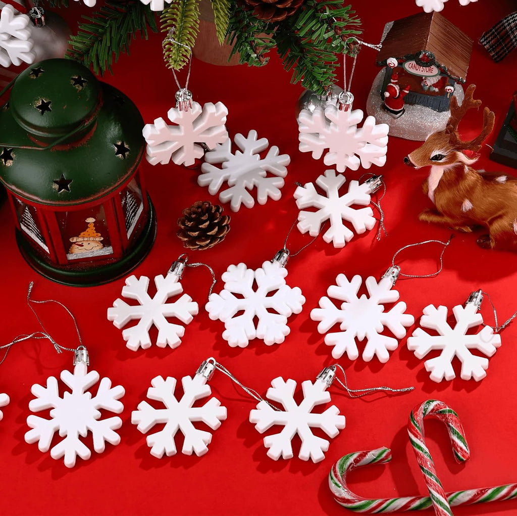 Skiennix 24 Pcs Snowflake Hanging Ornaments - White Plastic Decorations for Christmas Trees & Winter Parties