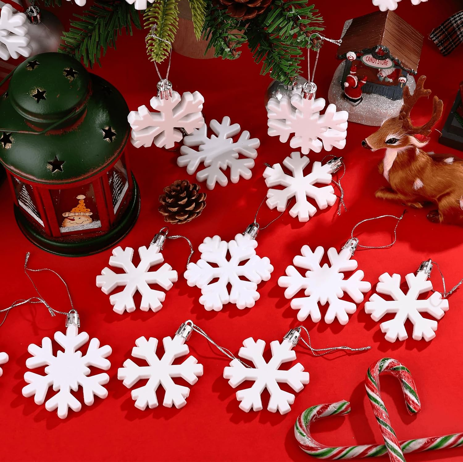 Skiennix 24 Pcs Snowflake Hanging Ornaments - White Plastic Decorations for Christmas Trees & Winter Parties