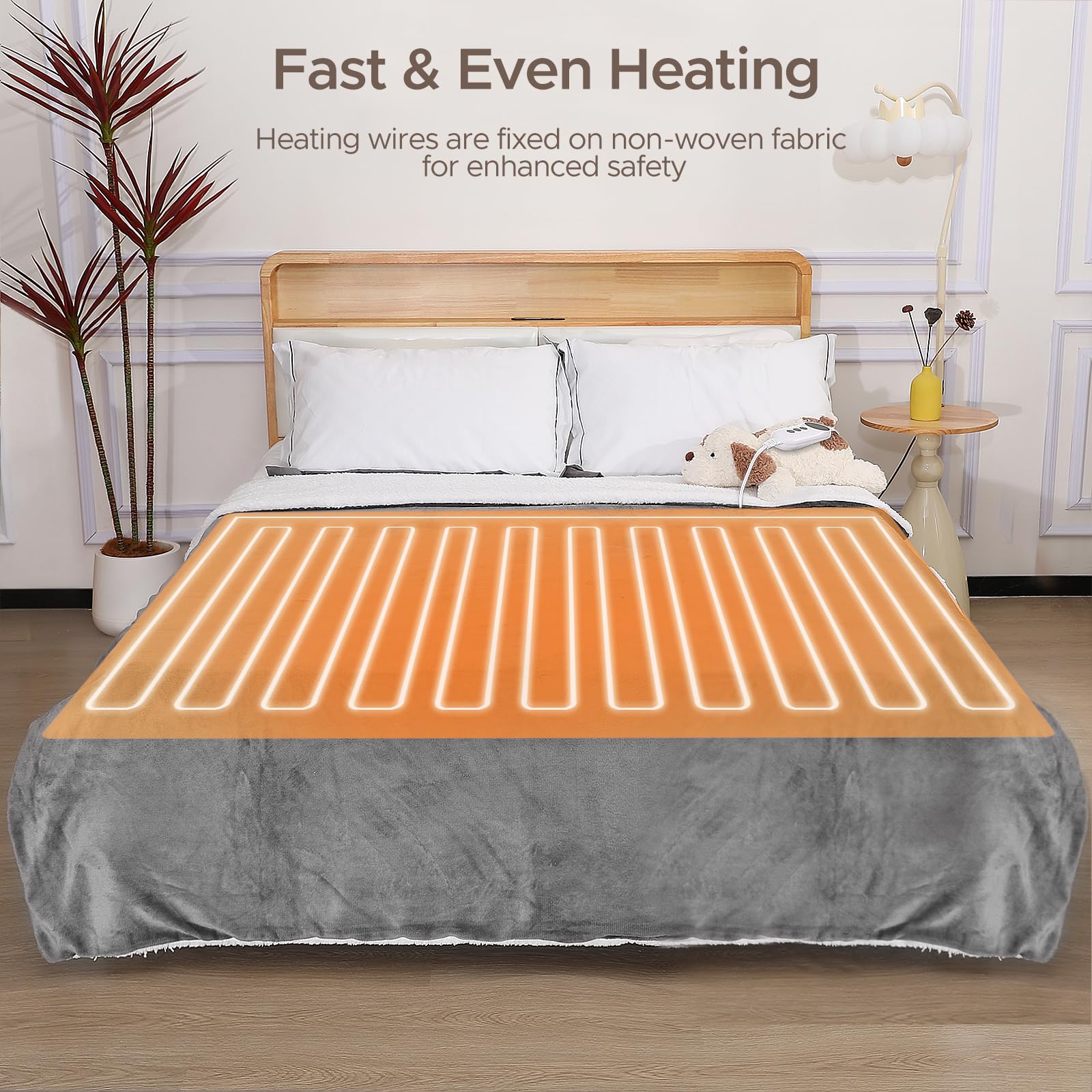 STHYTON Heated Blanket 72"x84" Full Size, Dual-Sided with Soft Flannel & Sherpa Fabric, Electric Blanket with 9 Heating Levels & 2-10 Hours Auto Off, Machine Washable, Light Gray