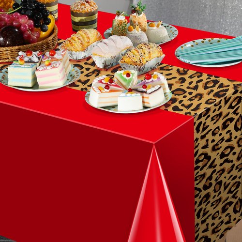 3 Pack Leopard Print Party Tablecloth Decorations, Safari Animal Cheetah Plastic Table Cloth Red Leopard Runner Disposable Rectangle Table Cover for Baby Shower Birthday Party Supplies, 54x108 Inch