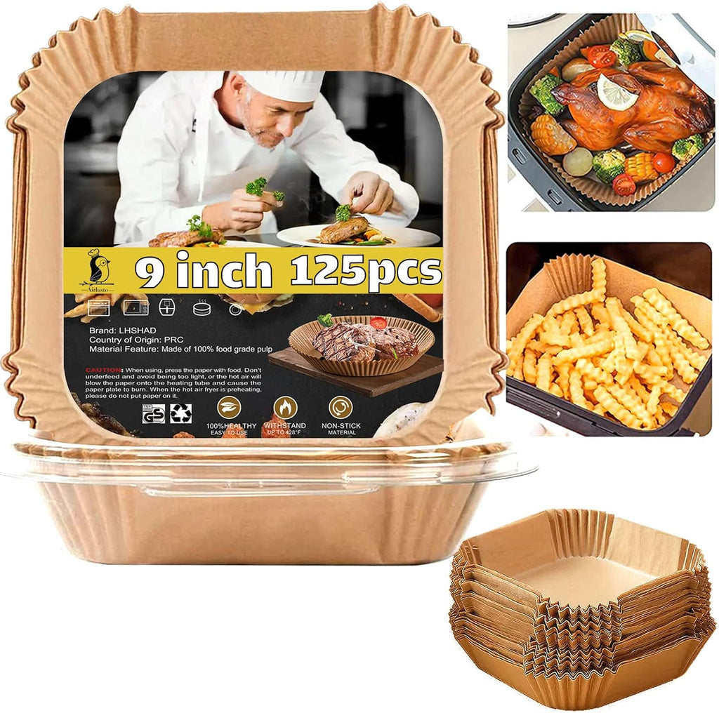 Skiennix 9-Inch Air Fryer Liners - 125 Pcs Non-Stick Parchment Paper for 5QT, 6QT, 8QT Frying & Baking
