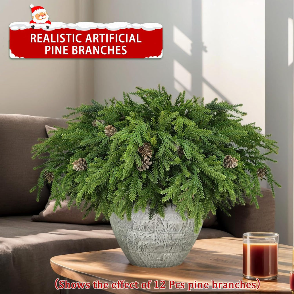 Skiennix Christmas Pine Stems - Realistic Artificial Greenery with Pinecones | 6 Pcs for Home Decor