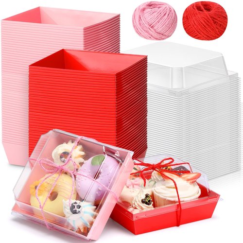 Layhit 150 Pack Valentine Charcuterie Boxes with Clear Lids and Rope 5" Disposable Square Dessert Pink Red Food Box Cookie Boxes Containers for Valentine Party Favor Cake Sandwich