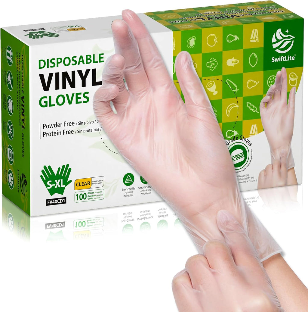 SWIFTLITE Disposable Vinyl Gloves - Food Safe, Latex-Free, Powder-Free Clear Plastic | Ideal for Cooking & Cleaning