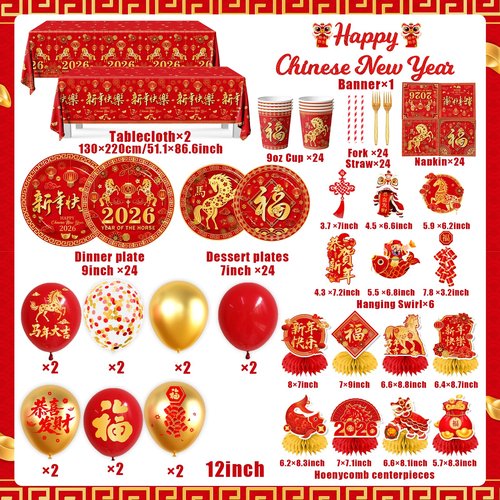 Chinese New Year Tableware,175pcs Chinese New Year Plates and Napkins Cups Tablecloth Banner Honeycomb for Lunar Year Horse Spring Festival