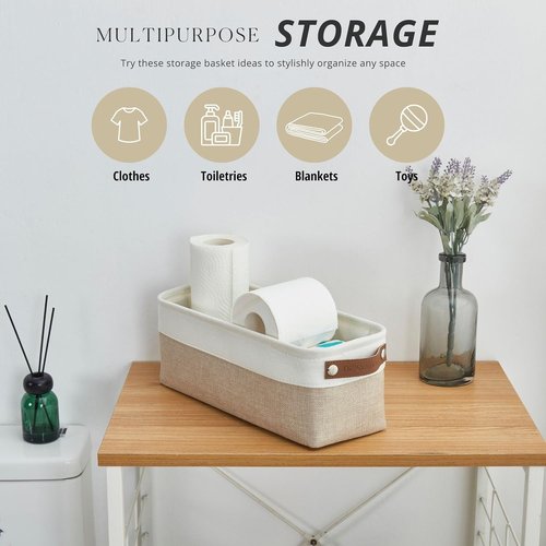 DECOMOMO Narrow Storage Bins - Small Organizing Baskets for Bathroom & Entryway | Beige & White Set of 4