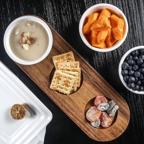Artena 10oz Ultra-Fine Porcelain Chips and Dip Platter - Acacia Wooden Tray & 4.75-Inch Bowls for Entertaining