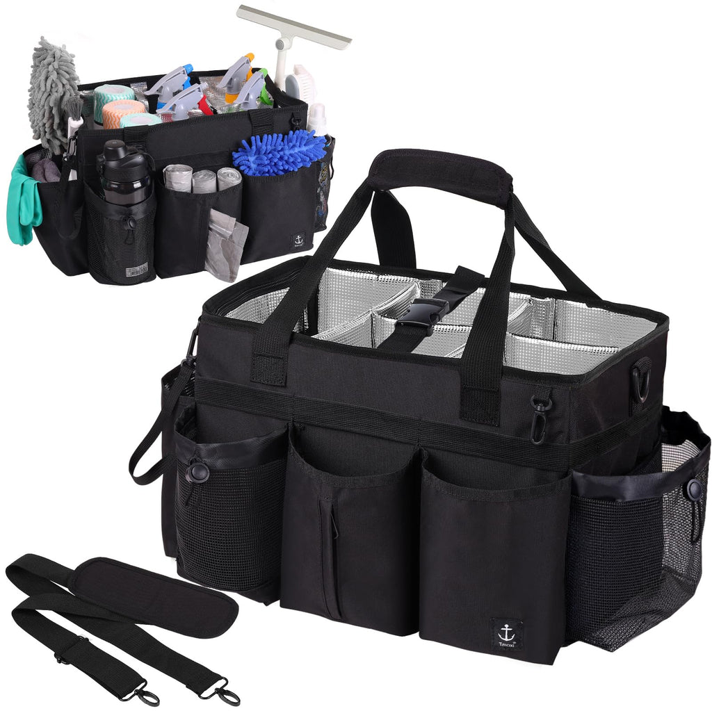 Timoxi Large Wearable Cleaning Caddy Bag with Detachable Divider, Cleaning Organizer with Handles, Cleaning Supply Tote with Adjustable Shoulder Strap&Waist Belt for Cleaners & Housekeeper (Black)