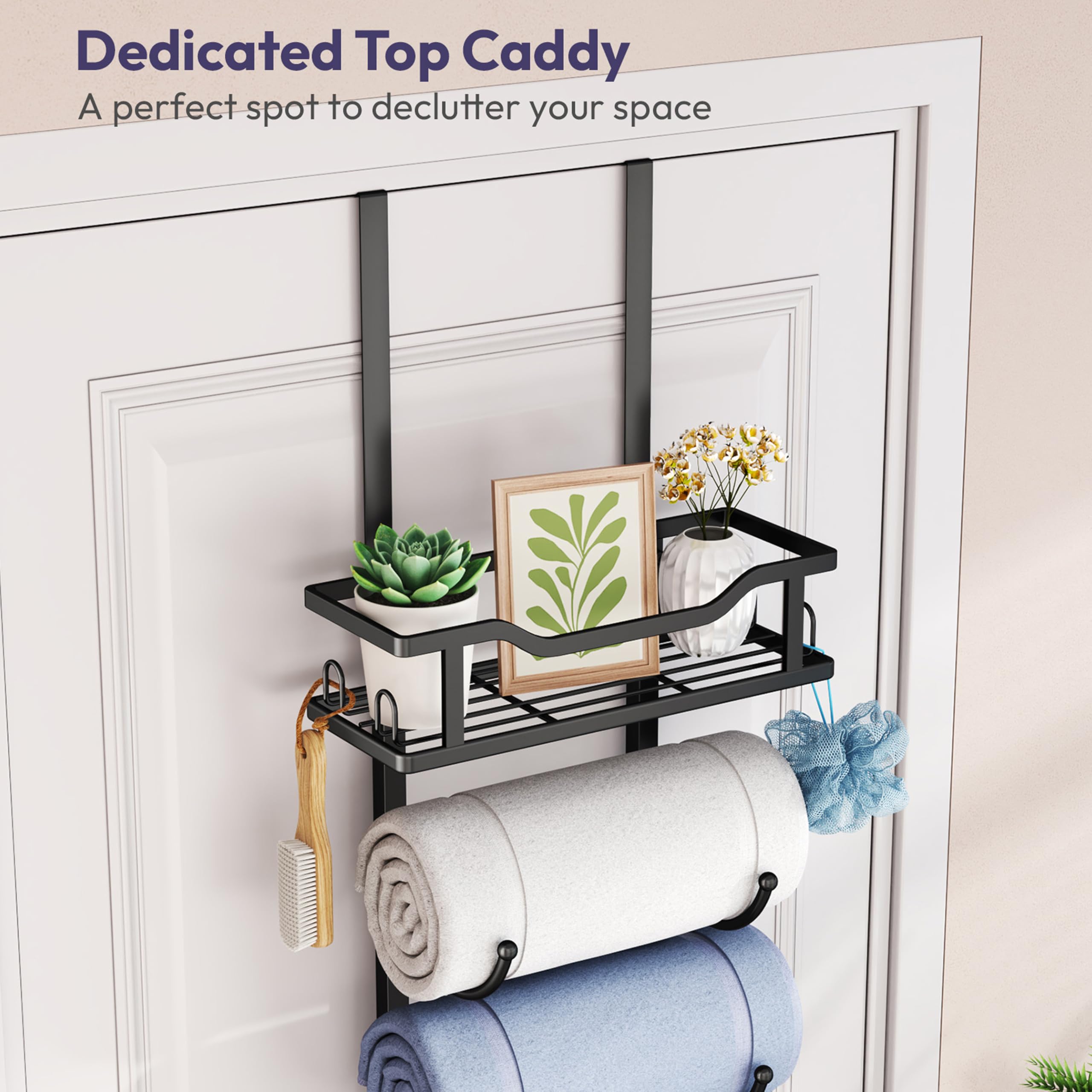 SWTYMIKI Over the Door Towel Rack - 6 Tier Towel Racks for Bathroom Wall Mounted, Towel Holder with Shelf, Hanging Rolled Towel Storage Organizer for Small Bathroom, Camper, RV, Black