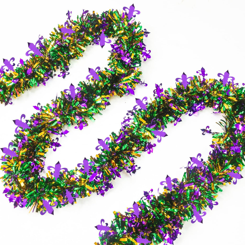 Mega-L Mardi Gras Tinsel Garland Decorations, 2 Pack 26.25Ft Green Gold Purple with Fleur-De-Lis Chunky Glittery Holiday Hanging Tinsel Decorations for Carnival Parade Car Party Supplies Home Decor