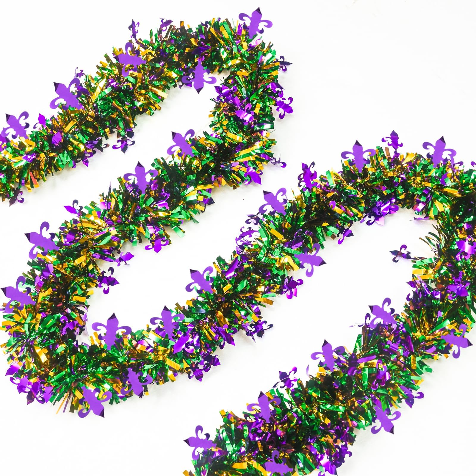 Mega-L Mardi Gras Tinsel Garland Decorations, 2 Pack 26.25Ft Green Gold Purple with Fleur-De-Lis Chunky Glittery Holiday Hanging Tinsel Decorations for Carnival Parade Car Party Supplies Home Decor