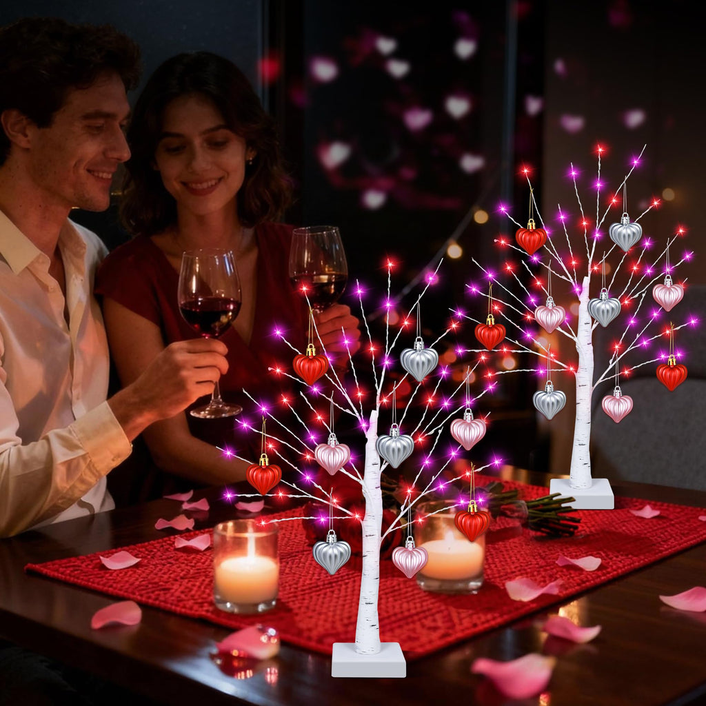 [Timer] Valentines Day Decorations Indoor 2 Pack 24 Inch Valentines Tree with 65 Red & Pink Lights 18 Hearts, USB & Battery Operated Valentines Decor, Valentines Day Decorations for Home Table Bedroom