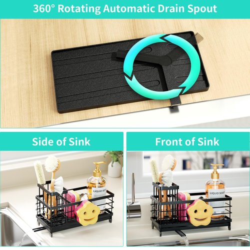 HapiRm Sponge Holder for Kitchen Sink - Self-draining Sink Caddy with Smiley Face and Brush Holder, Stainless Steel Kitchen Organizer for Countertop - Black