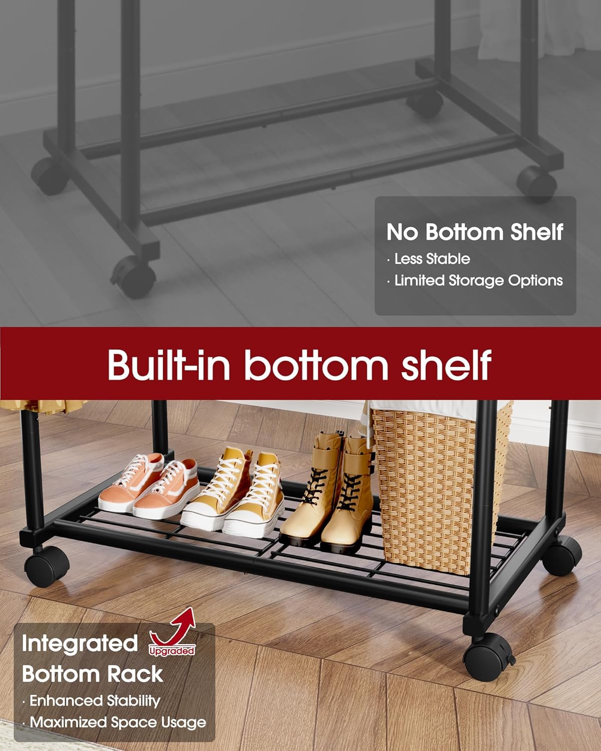 Sakugi Metal Clothes Rack - Double Rod Design with Rolling Wheels & Built-In Shelf | 38.5" x 16.9" x 59.0", Black