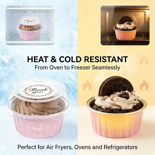 100 PCS Aluminium Foil Baking Cups, Mini Cake Pans with Lids and 100 PCS Spoons, 5 oz Disposable Baking Cups Foil Ramekins For Party Birthday Wedding Valentines (Pink)