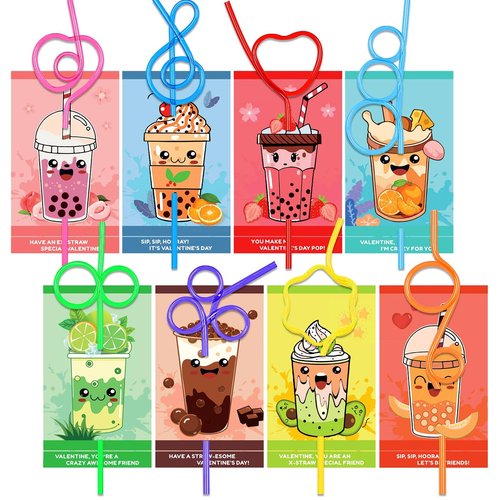 WEMEMORN 32 Pack Valentine's Day Cards for Kids with Crazy Loop Straws Bulk Toys, 8 Styles Valentines Greeting Cards for Boys Girls, Valentine's Prizes Party Favor School Classroom Gifts Exchange