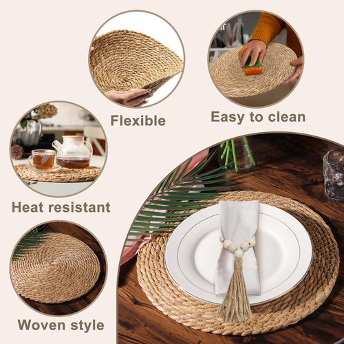 Hardcometrue Woven Placemats Set of 8, 13.8" Natural Water Hyacinth Round Rattan Placemats with Wooden Beads Napkin Rings for Kitchen Dining Table Decor