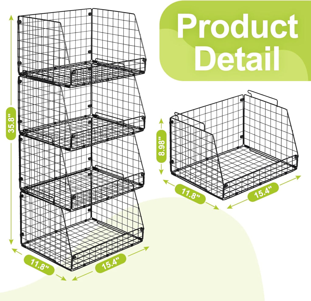 Skiennix XXL Stackable Wire Storage Baskets - Extra Large Pantry Organizer for Fruits, Vegetables & Snacks