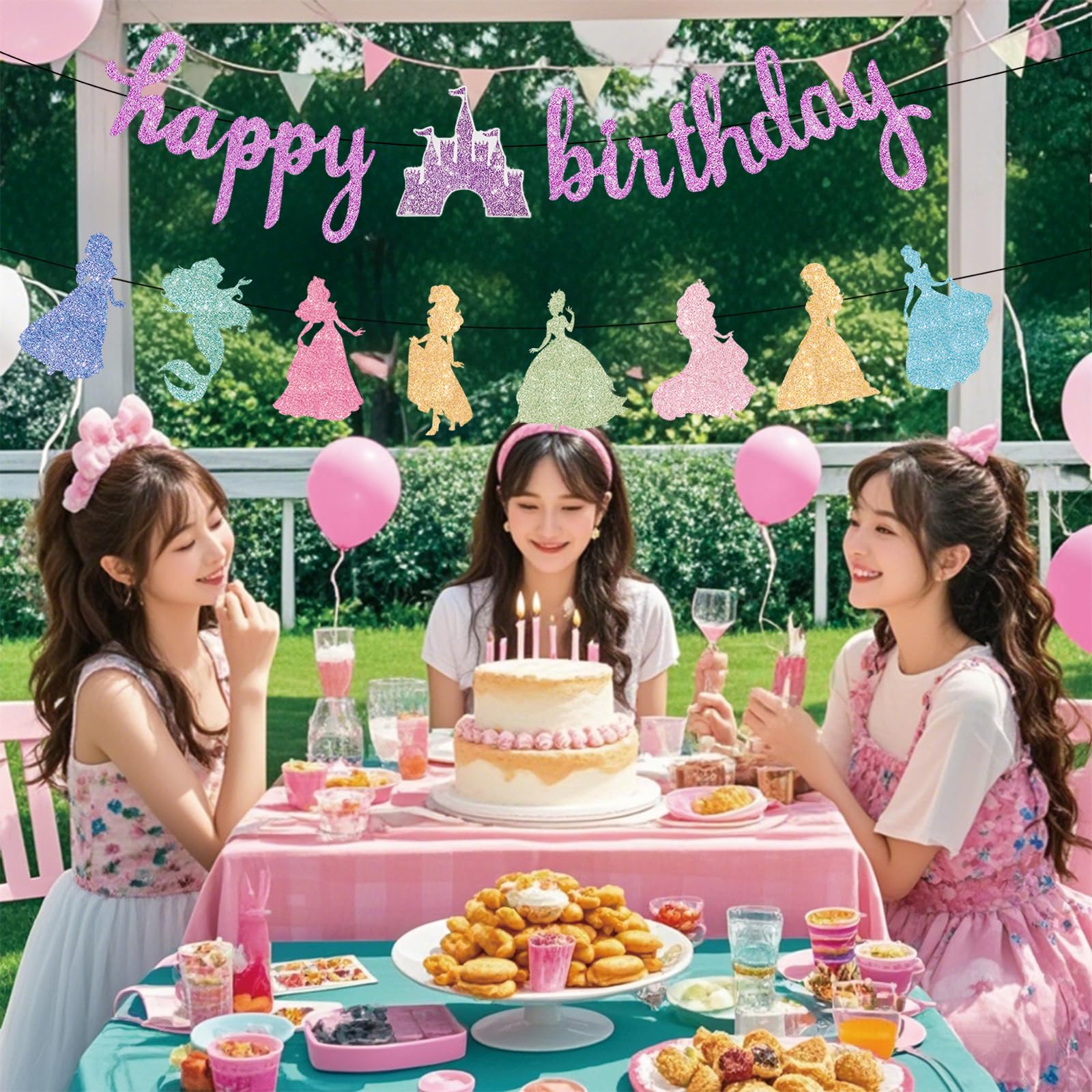 Neyeidru Princess Birthday Banner Decorations - Pink Happy Birthday Garland Glitter Bunting for Girls Coquette Birthday Party Decorations Favor Supplies