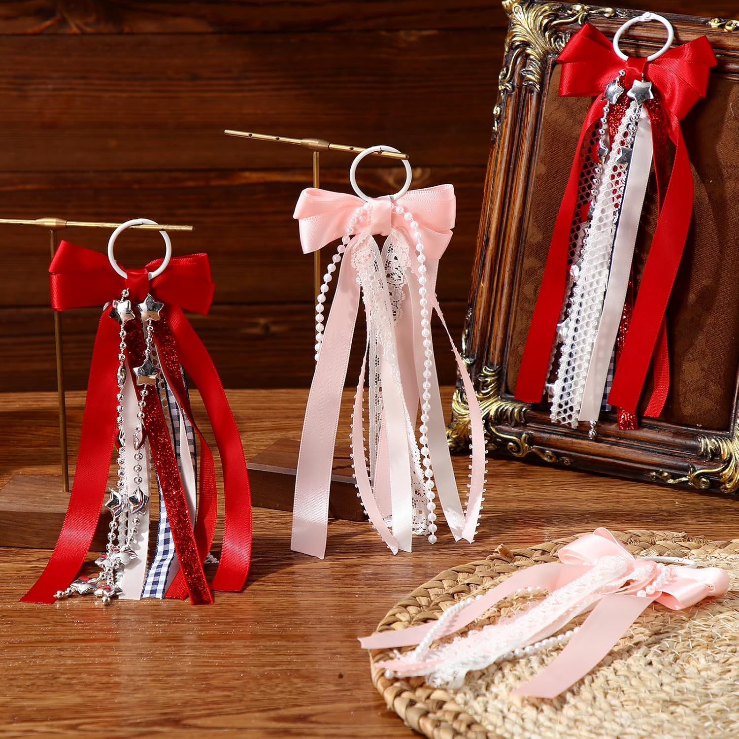 Norme Western Ribbon Boot Bows - 4 Pcs Buffalo Plaid & Glitter Pearl Lace | DIY Cowboy Cowgirl Accessories