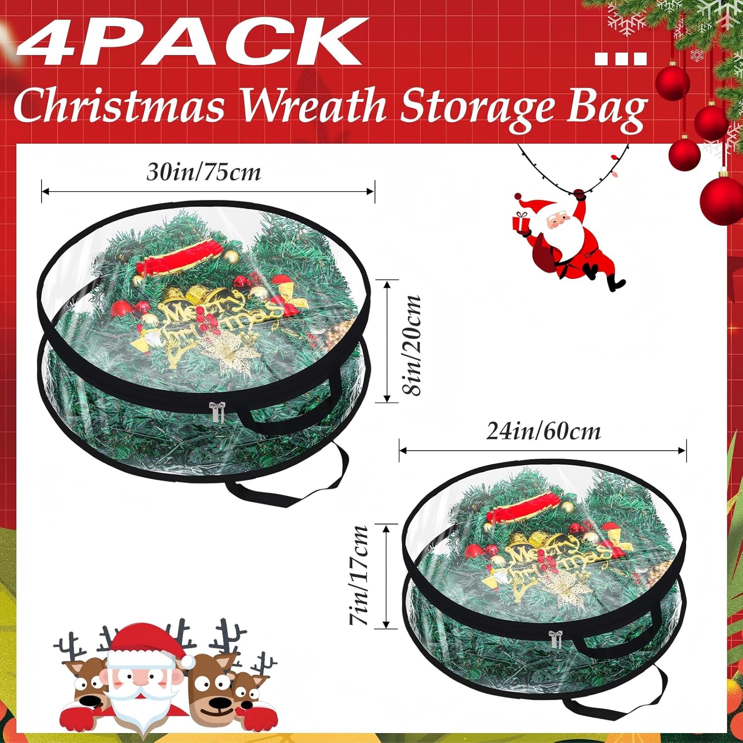 Zhengmy Wreath Storage Bags - 4 Pack Clear Christmas Wreath Containers with Handles & Dual Zippers | Black