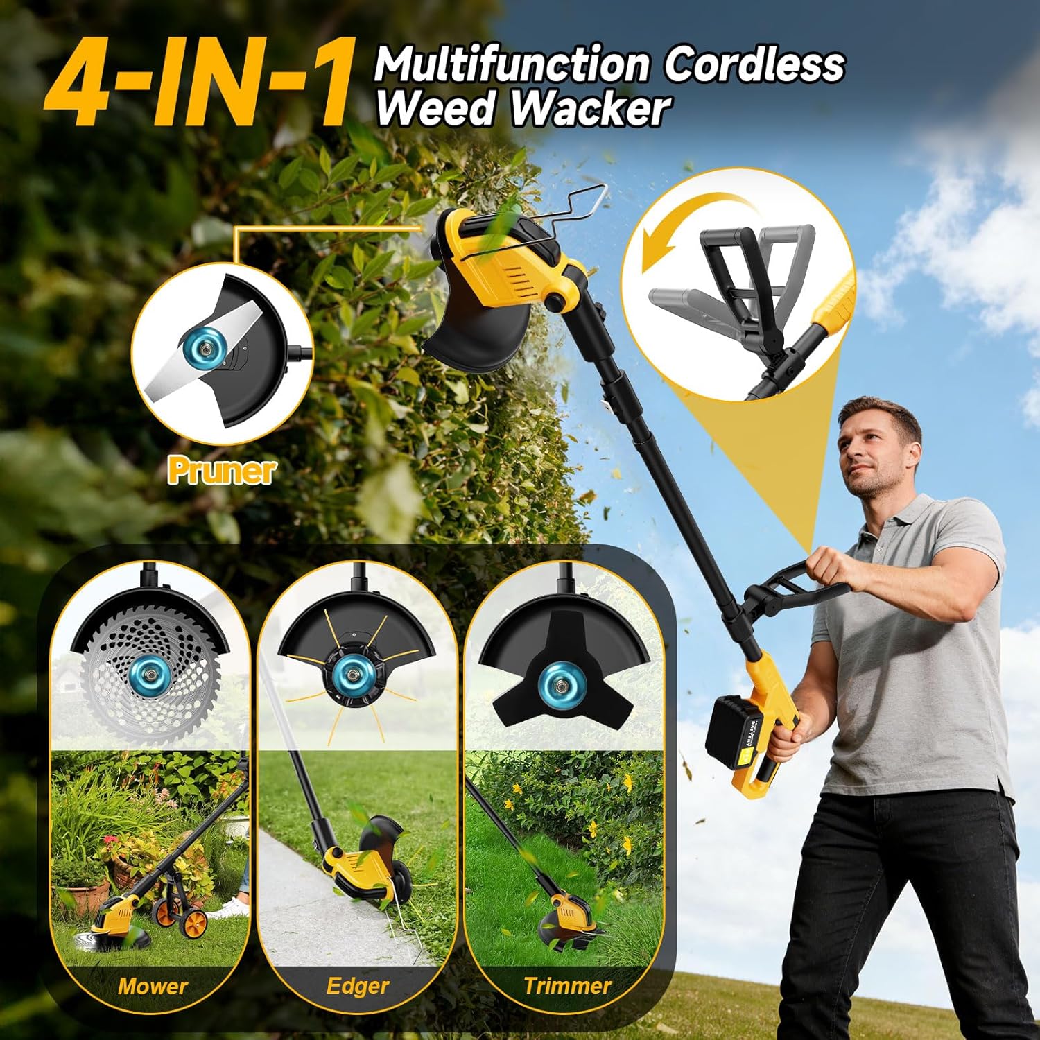 Skiennix 20000 RPM Brushless Battery Weed Wacker - Heavy Duty Cordless Lawn Tool with 2 Batteries