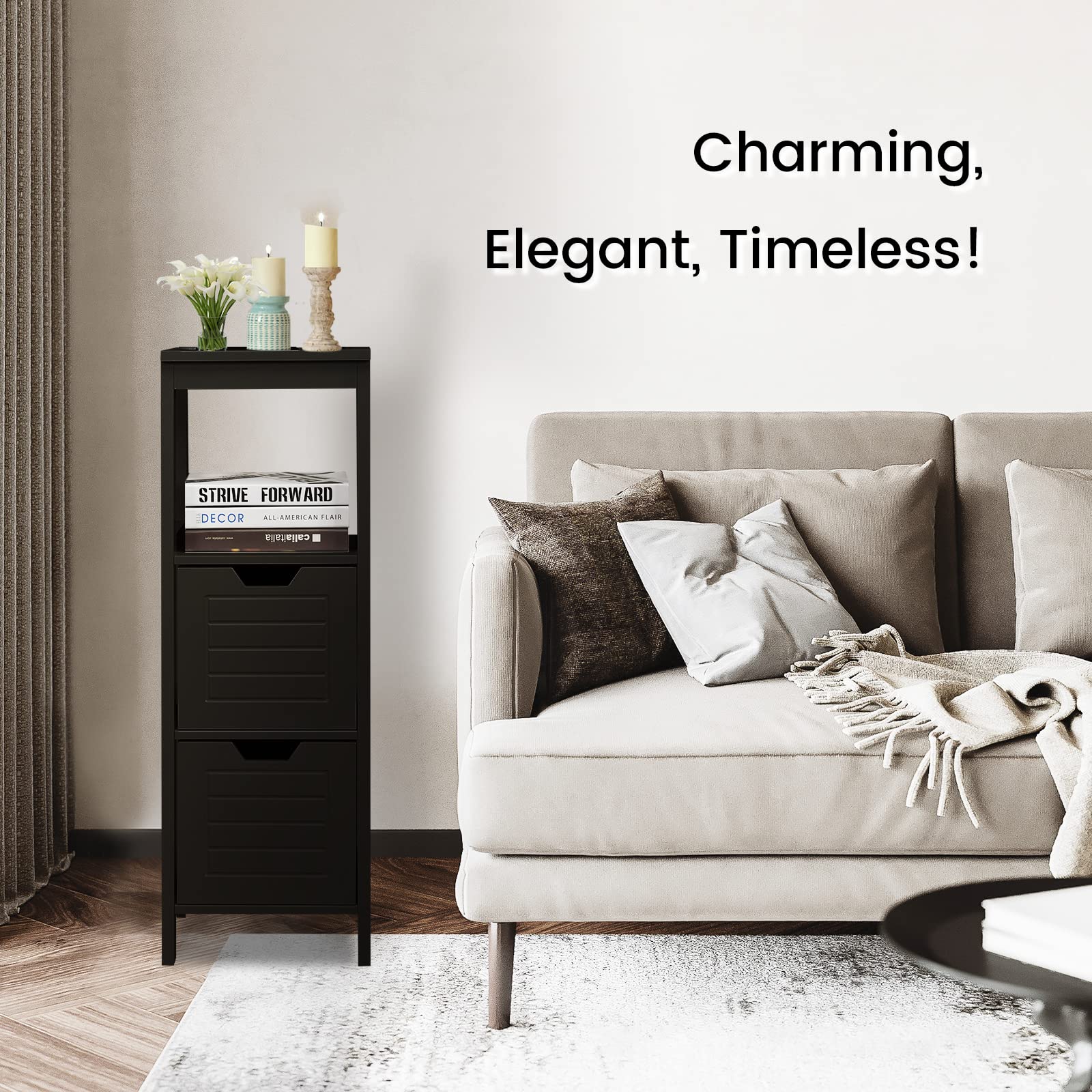 COSTWAY Bathroom Storage Cabinet, Freestanding Wooden Side Storage Cabinet with 2 Adjustable Drawers, Space-Saving Floor Cabinet for Living Room Bathroom Bedroom Entryway (Black)