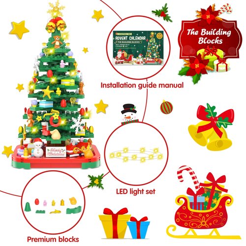 Advent Calendar 2025 Christmas Tree Building Toy Set with LED light, Christmas Countdown Calendar, 24 Days Building Block for Kids Adult Creative Gifts for Adults Teens Girls Ages 8+