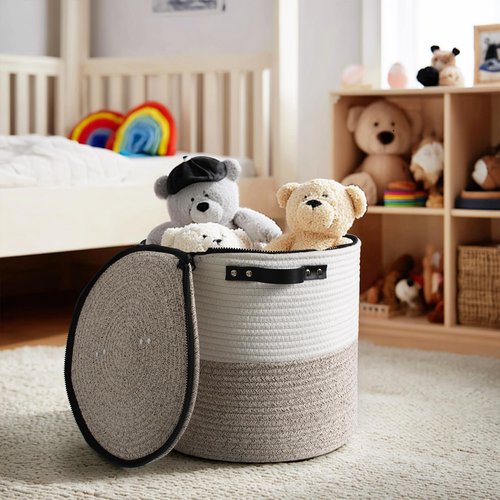 WILLITAT Storage Basket with Lid, 15"x13" Round Woven Blanket Storage for Living Room, Decorative Cotton Rope Hamper with Zipper Top, Wicker Basket with Lid, Floor Covered Kids Dog Toy Bin