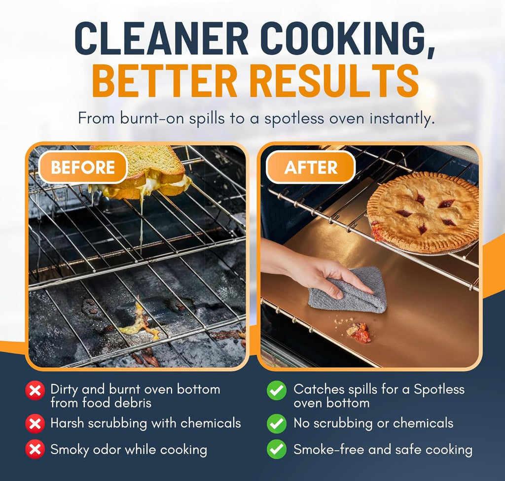 Skiennix Oven Liners - 4 Pack Heavy Duty Non-Stick Mats, 17”x25” | BPA & PFOA Free Copper Kitchen Accessory