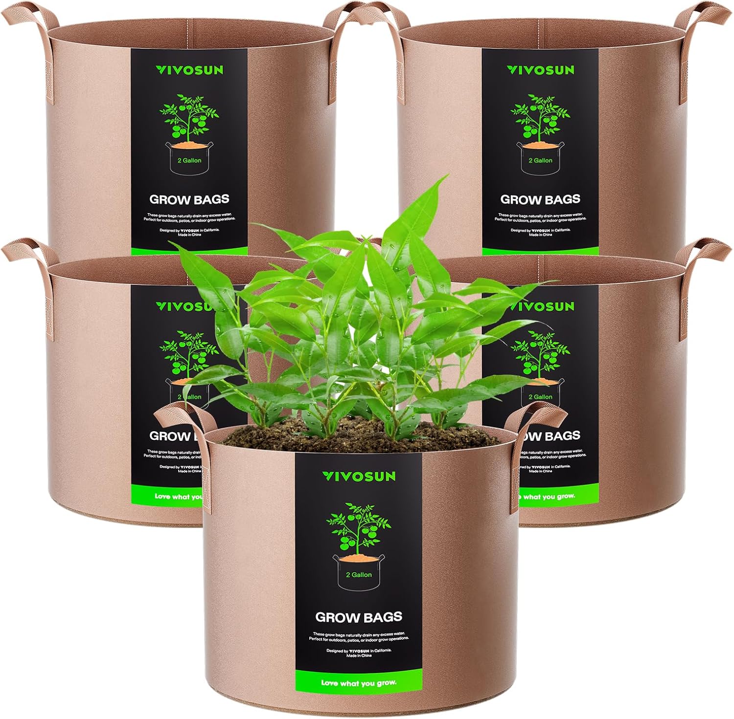 VIVOSUN Grow Bags - 5-Pack Heavy Duty 2 Gallon Nonwoven Fabric Pots with Strap Handles - Tan