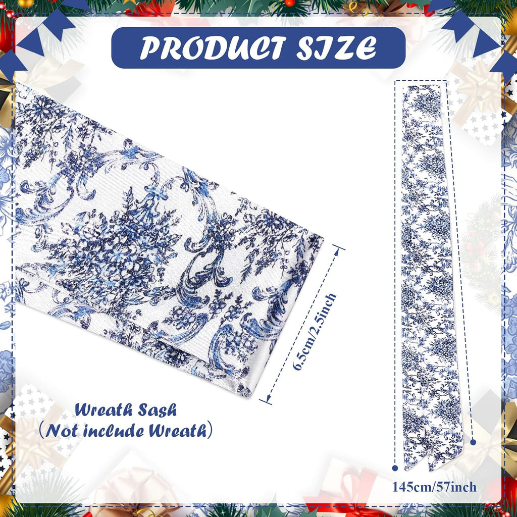 Skiennix Chinoiserie Monogram Satin Wreath - Elegant Blue & White Floral Door Decor | 2-Piece Set