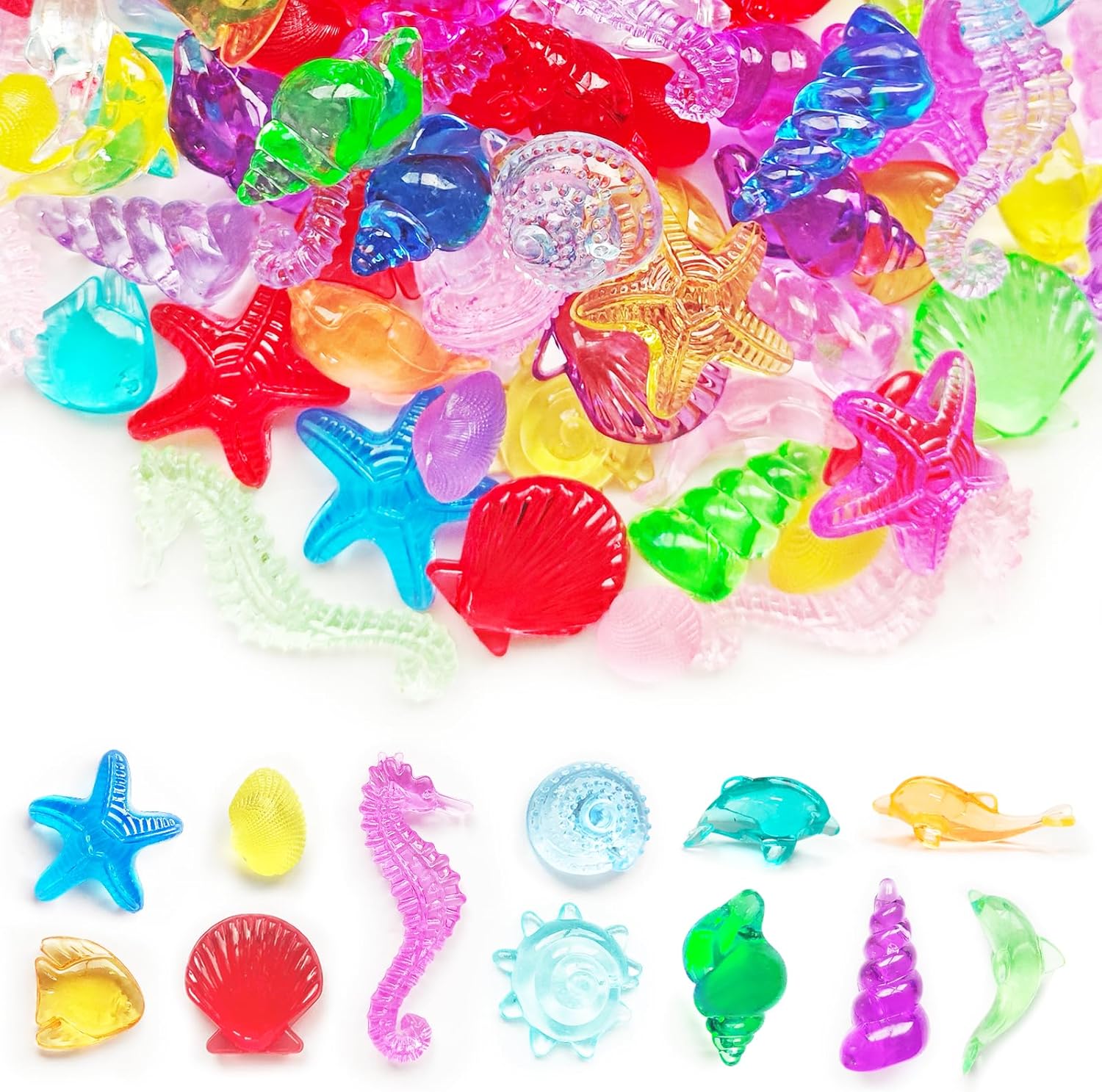 Skiennix Sea Shell Sensory Bin Filler - 100+ Mini Acrylic Ocean Toys for Kids | 15 Colors, 12 Styles